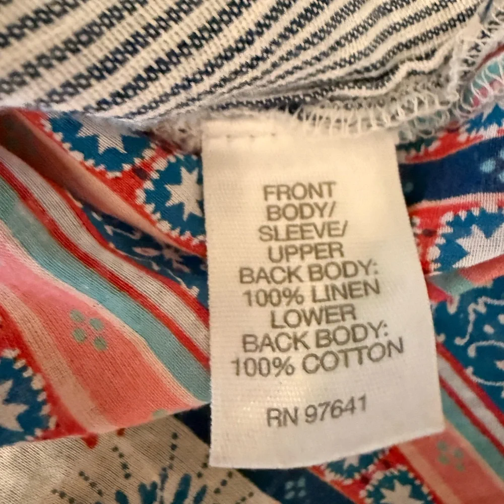 EUC J JILL 100% Cotton & Linen Floral And Blue Striped Short Sleeve Blouse - Picture 5 of 5